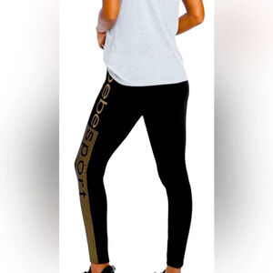 Bebe Soort  black Rose gold sparkle side Logo high waisted leggings Sz L